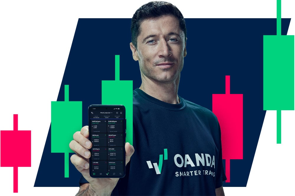 Robert Lewandowski holding Oanda application